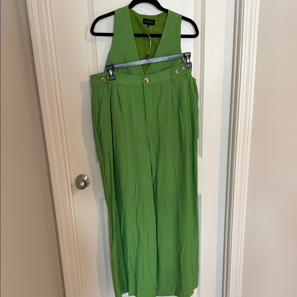 1. State Lime Green Button-Front Tailored Vest and Wide Leg Linen Pant
